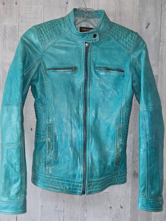 Danier Jackets & Blazers - Danier Vintage Turquoise Leather Moto Bomber Jacket Y2K Retro XXS Size 3